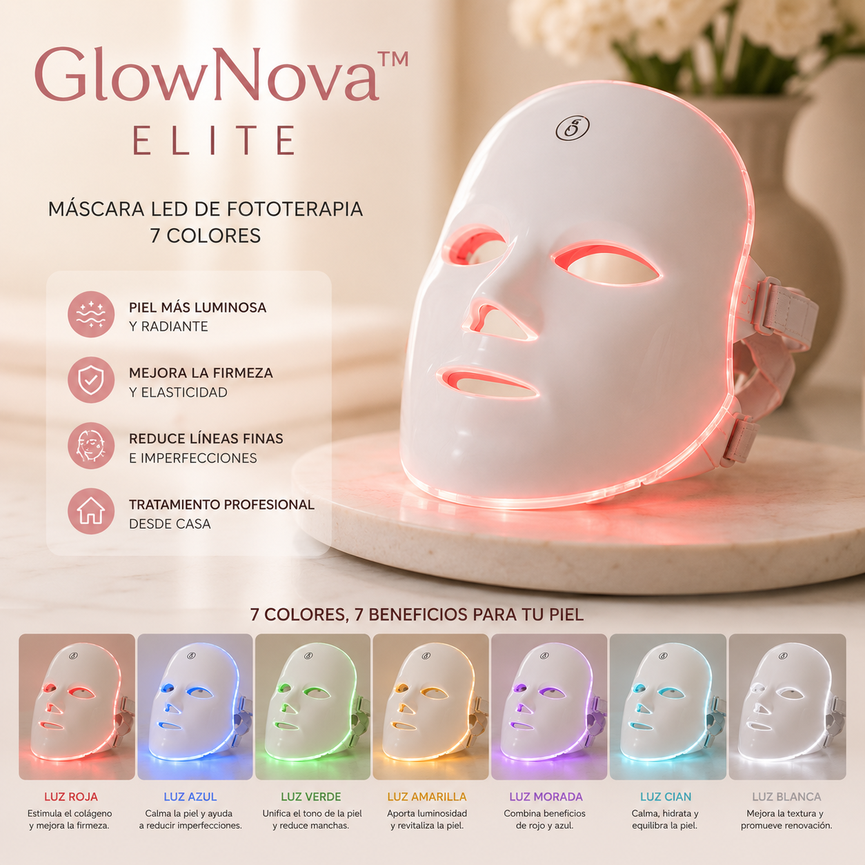 GlowNova™ Elite | Máscara LED Facial de Fototerapia 7 Colores